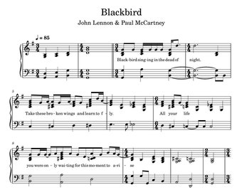 Blackbird, Digital Piano Music Sheet for intermediate levels, PDF + MIDI formats