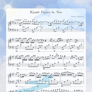Puede incluir: Partitura de "River Flows In You" de Yiruma, con un diseño de río en acuarela. La notación musical es negra sobre fondo blanco, con términos como "Larghetto" y "accel." El título y el compositor están en la parte superior.