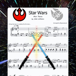 Puede incluir: Una partitura musical para el tema principal de Star Wars de John Williams. La partitura está arreglada para piano e incluye el título "Star Wars" y el texto "Hace mucho tiempo, en una galaxia muy, muy lejana..." La partitura también incluye el texto "Tema principal" y "por John Williams".