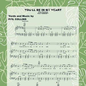 Może przedstawiać: Nuty do piosenki "You'll Be In My Heart" z filmu Tarzan. Muzykę skomponował Phil Collins. Nuty zawierają tekst i zapis nutowy.