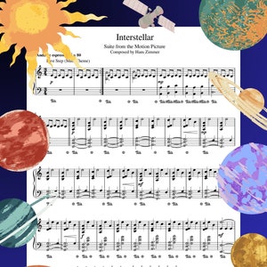 Pode incluir: Uma partitura musical para a canção "First Step" do filme "Interstellar" composta por Hans Zimmer. A partitura é escrita na clave de sol e apresenta uma melodia simples com alguns acordes.