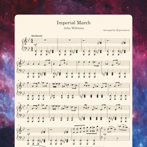 Pode incluir: Uma partitura musical para a Marcha Imperial, composta por John Williams e arranjada por Hypernatural. A música é escrita na clave de sol e apresenta uma indicação de tempo de Andante.
