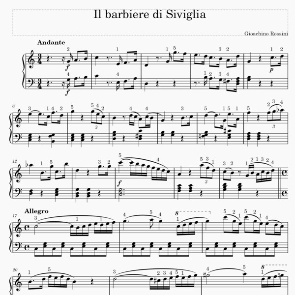 Il barbiere di Siviglia, Piano Music Sheet for advanced players, PDF + MIDI formats