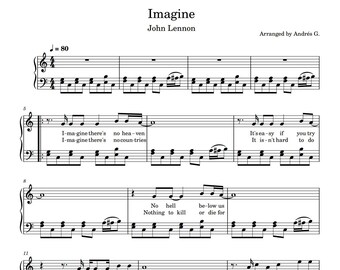 Imagine by John Lennon, Piano music sheet and full sheet including bass, voice and violins lines, PDF + MIDI files included, lyrics included