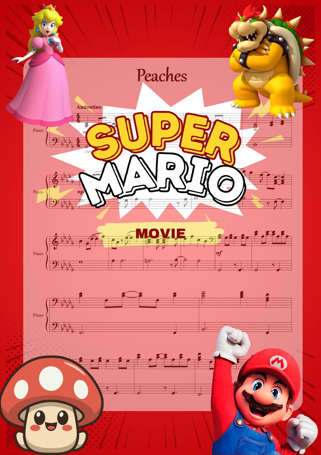 Musci Note Mario Peaches - Super Mario Bros. Piano Sheet Music (printable PDF) - Etsy