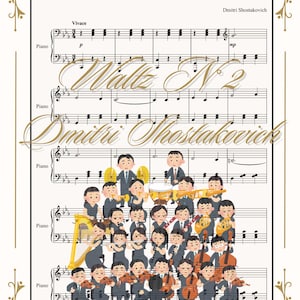 Puede incluir: Partitura de Vals n.º 2 de Dmitri Shostakóvich, con una orquesta de dibujos animados. La partitura muestra el título y el nombre del compositor en una elegante escritura. La ilustración incluye un director y músicos tocando instrumentos.