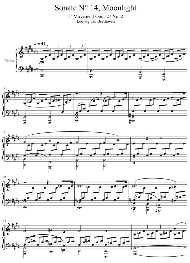 Sonate No 14 Opus 27 No 2 Moonlight 1st Movement from Ludwig van Beethoven, Digital Piano Music Sheet, PDF MIDI formats image 1