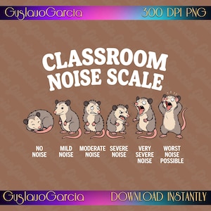 Könnte beinhalten: Eine digitale Grafik mit dem Titel CLASSROOM NOISE SCALE, die sechs Opossums in verschiedenen Zuständen der Aufregung zeigt. Die Textbeschriftungen lauten NO NOISE, MILD NOISE, MODERATE NOISE, SEVERE NOISE, VERY SEVERE NOISE und WORST NOISE POSSIBLE. Brauner Hintergrund.