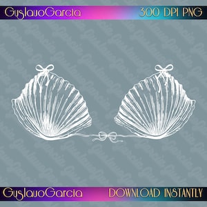 May include: A white line art illustration of two seashell bra cups connected by a small bow. The text GuslavoGarcia and 300 DPI PNG appear at the top, while GuslavoGarcia and DOWNLOAD INSTANTLY are printed at the bottom on a gray background.
