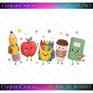 Teacher Life Back To School PNG, Cute Kawaii Sublimation Design, School Supplies Pencil Apple Crayon Notebook Coffee Shirt Download Artwork