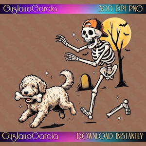 Puede incluir: Una ilustración digital que muestra un esqueleto con una gorra de béisbol naranja y negra alcanzando a un perro peludo de color claro que sostiene un hueso en la boca. La escena incluye una luna llena amarilla, un árbol desnudo, murciélagos y una lápida.