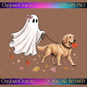 Może przedstawiać: Cyfrowa ilustracja białego ducha w różowej kokardce, trzymającego brązową smycz przypiętą do psa rasy golden retriever. Pies ma na sobie brązową obrożę ze złotym identyfikatorem i trzyma w pysku pomarańczowy liść klonu, otoczony jesiennymi liśćmi.