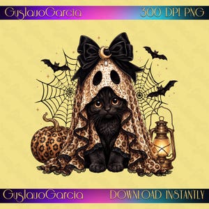 Halloween Black Cat PNG Design, Leopard Print Ghost Bow Lantern Pumpkin Sublimation Art, Spooky Cat Mom Shirt Clipart, Digital Download File