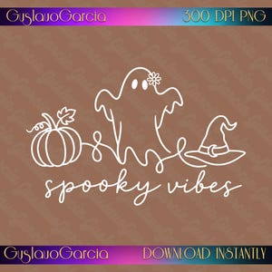 Könnte beinhalten: Eine weiße Strichgrafik auf braunem Hintergrund mit einem Kürbis, einem Geist mit einer Blume auf dem Kopf und einem Hexenhut. Der Text "spooky vibes" steht in Schreibschrift unter den Illustrationen. Der obere Text lautet "GuslauoGarcia 300 DPI PNG".