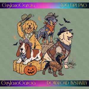 Könnte beinhalten: Eine digitale Illustration mit fünf Hunden in Western-Outfits, darunter Cowboyhüte, Halstücher und Westen. Die Hunde sind um einen Heuballen mit einem Kürbis angeordnet, akzentuiert durch Fledermäuse und Mondsicheln im Hintergrund.