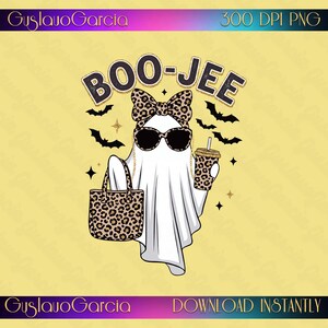 Boo Jee Ghost PNG, Boujee Halloween Sublimation Design, Funny Leopard Print Bow Tote Bag Clipart, Cute Spooky Girl Shirt Digital Download