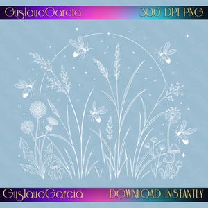 Könnte beinhalten: Eine digitale Illustration auf hellblauem Hintergrund mit weißen Linienzeichnungen von Wildblumen, hohem Gras, Löwenzahn, Pilzen und Bienen. Das Design enthält kleine Sternakzente sowie den Text GuslavoGarcia und 300 DPI PNG.