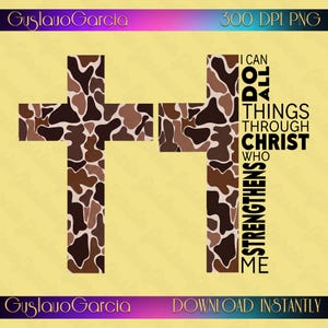 Könnte beinhalten: Ein digitales Grafikdesign mit zwei Kreuzen in einem braunen, beigen und cremefarbenen Kuhfleckenmuster. Das rechte Kreuz enthält den schwarzen Text: I CAN DO ALL THINGS THROUGH CHRIST WHO STRENGTHENS ME. Das Design enthält den Text GuslavoGarcia.