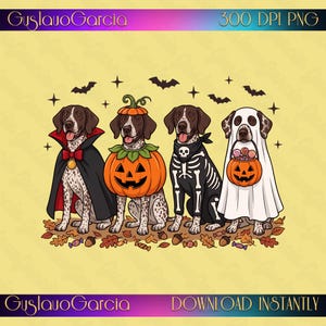 Könnte beinhalten: Eine digitale Illustration von vier gefleckten Hunden in Halloween-Kostümen. Einer trägt einen Vampirumhang, einer ein Kürbiskostüm, einer ein Skelett-Outfit und einer ein Geisterlaken mit Kürbiskorb. Text: GuslavoGarcia 300 DPI PNG.