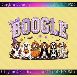 Könnte beinhalten: Eine digitale Grafik mit dem Text BOOGLE in lila Vichy-karierten Buchstaben und einer Schleife am B. Darunter tragen sechs Beagle-Hunde Halloween-Kostüme: eine Hexe, ein Geist mit Kürbiseimer, ein Kürbis, ein Vampir, ein Skelett und eine Mumie.