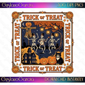 May include: A digital illustration featuring three skeletons in top hats, one playing a banjo, alongside a scarecrow, a black cat, and two jack-o'-lanterns in a graveyard. The scene is framed by a border with the text TRICK or TREAT.