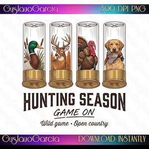 Könnte beinhalten: Eine digitale Grafik mit vier Schrotpatronen, die jeweils eine Illustration einer Stockente, eines Hirsches, eines Truthahns oder eines Hundes mit Vogel zeigen. Darunter steht der Text: HUNTING SEASON, GAME ON, Wild game • Open country.