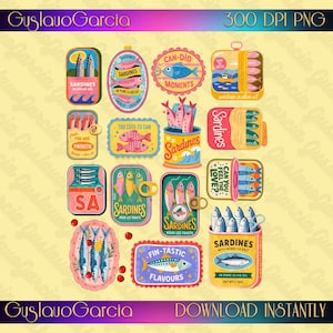 May include: A collection of colorful digital illustrations featuring various sardine cans and fish motifs. The designs include text such as Sardines, Can-Did Moments, Too Cute To Can, Fintastic, and Fin-Tastic Flavours in vibrant pink, blue, and yellow tones.