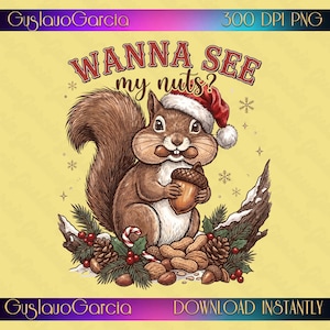 Könnte beinhalten: Eine digitale Illustration eines braunen Eichhörnchens mit einer rot-weißen Weihnachtsmütze, das eine Eichel hält. Der Text "WANNA SEE my nuts?" steht darüber. Die Szene zeigt Tannenzweige, Tannenzapfen und Erdnüsse auf hellem Grund.