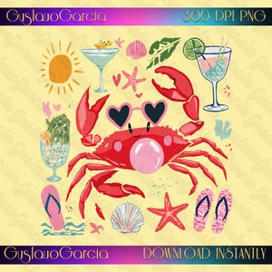 Könnte beinhalten: Eine digitale Illustration mit einer roten Krabbe, die eine herzförmige Sonnenbrille trägt und eine rosa Blase bläst, umgeben von einer gelben Sonne, Cocktails, Muscheln, einem Seestern und Flip-Flops. Text GuslavoGarcia und 300 DPI PNG sind zu sehen.