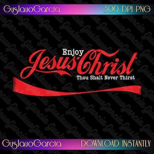 Könnte beinhalten: Ein digitales Grafikdesign mit dem Text Enjoy Jesus Christ Thou Shalt Never Thirst in einer roten Schreibschrift. Das Design enthält einen roten horizontalen Schwung auf schwarzem Hintergrund mit wiederholtem Wasserzeichen und Bannern.