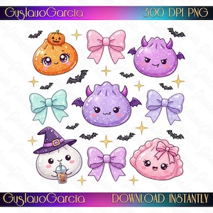 Könnte beinhalten: Eine digitale Illustration mit niedlichen, glitzernden Charakteren, darunter ein orangefarbener Knödel mit Kürbis, ein lila Teufelsknödel mit Flügeln, ein weißer Knödel mit Hexenhut und ein rosa Knödel mit Schleife, sowie weitere Schleifen und Fledermäuse.