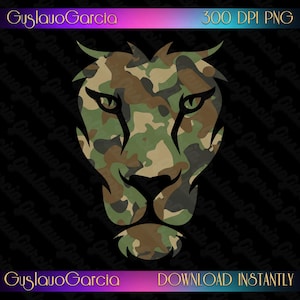 May include: A stylized lion head graphic featuring a camouflage pattern in shades of green, brown, and tan. The design includes the text GuslavoGarcia and 300 DPI PNG at the top, with GuslavoGarcia and DOWNLOAD INSTANTLY at the bottom.