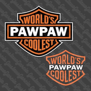 May include: Two orange and white shield-shaped logos with the text "WORLD'S PAWPAW COOLEST". The top logo is larger and more detailed, while the bottom logo is smaller. The background is a dark gray with a repeating pattern of the name "Gustavo Garcia".
