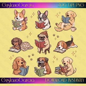 Könnte beinhalten: Ein digitales Illustrationsset mit acht Cartoon-Hunden, die Bücher lesen, darunter ein Corgi, eine Französische Bulldogge, ein Golden Retriever, ein Dackel, ein Mops, ein Beagle, ein Spaniel und ein Boxer, auf einem gelben Hintergrund.