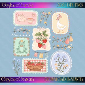 Könnte beinhalten: Ein digitaler Stickerbogen mit Illustrationen einer Teekanne und Tasse, einer Gans mit Kopftuch, einem Frosch mit Krone, Erdbeeren, einem Erdbeerkorb, blühenden Zweigen und einer Wimpelkette auf hellblauem Hintergrund.