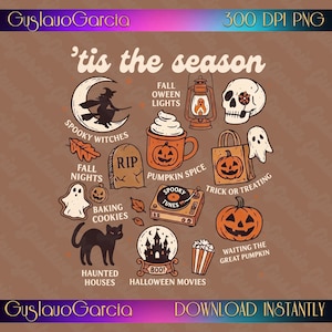 Tis The Season Halloween PNG, Spooky Fall Doodle Sheet Sublimation Design, Cute Autumn Pumpkin Spice Clipart, Witch Shirt Digital Download