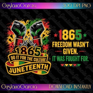 Könnte beinhalten: Ein digitales Grafikdesign mit zwei erhobenen Fäusten und zerbrochenen Ketten in den Farben Rot, Schwarz und Grün. Der Text lautet 1865, DO IT FOR THE CULTURE, JUNETEENTH und FREEDOM WASN'T GIVEN. IT WAS FOUGHT FOR, vor einem schwarzen Hintergrund.