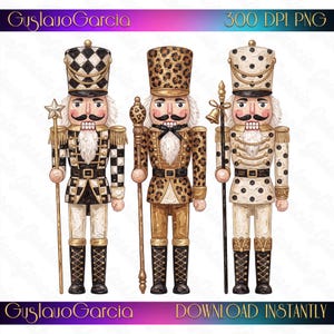 May include: Three nutcracker figures with white beards and black mustaches. The first wears a black and white checkered uniform with a star staff. The second has a leopard print uniform and staff. The third features a polka dot uniform and bell staff.