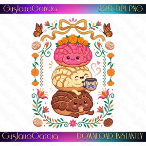 May include: A digital illustration featuring three stacked concha sweet breads with faces, topped with orange marigold flowers, framed by orange butterflies, floral vines, and a gold ribbon. The text GuslavoGarcia and 300 DPI PNG is visible.