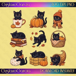 Könnte beinhalten: Eine Sammlung von neun Illustrationen mit schwarzen Katzen in herbstlichen Umgebungen, darunter Katzen mit Kürbissen, einer Tasse, Büchern, einem Schal, einer Mütze, einem Korb, einem Heuballen und einem Füllhorn, mit dem Text GuslavoGarcia und 300 DPI PNG.