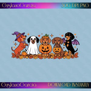 Halloween Dachshund Squad PNG, Cute Spooky Doxie Bat Ghost Witch Sublimation Design, Wiener Dog Pumpkin Shirt DTF Transfer, Digital Clipart