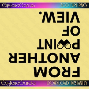 Könnte beinhalten: Eine digitale Grafik auf hellgelbem Hintergrund mit dem schwarzen Text "FROM ANOTHER POINT OF VIEW.", wobei ein Fernglas den Buchstaben "O" in "POINT" ersetzt. Der Text ist auf dem Kopf stehend ausgerichtet. Der Name "GuslauoGarcia" erscheint oben und unten.
