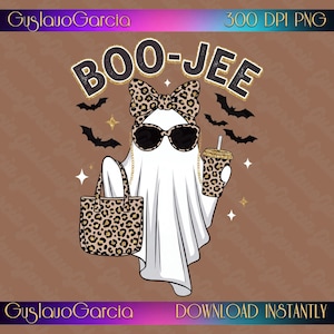 Boo Jee Ghost PNG, Boujee Halloween Sublimation Design, Funny Leopard Print Bow Tote Bag Clipart, Cute Spooky Girl Shirt Digital Download