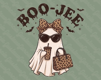 May include: A digital illustration of a white ghost wearing black sunglasses and a leopard print bow. The ghost holds a leopard print cup and a matching handbag. The text BOO-JEE is arched above with small bat and star accents.