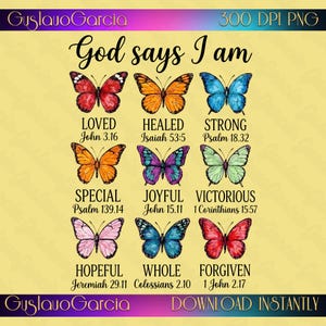 God Says I Am Bible Verse PNG, Christian Butterflies Affirmation Sublimation Design, Religious Scripture Quote Clipart Digital Download