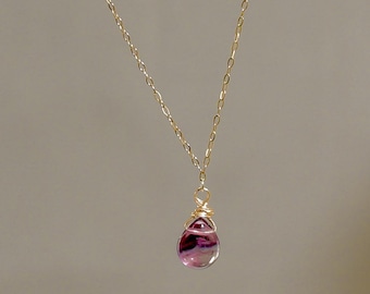 14k Gold Vermeil Fluorite Teardrop Necklace: Dainty Gemstone Pendant