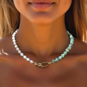 Turquoise Gemstone Necklace with Pearls, Beaded Choker Necklace for Women, Moonstone Necklace