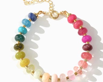 Rainbow Mixed Gemstone Beaded Bracelet, Rainbow Opal Rondelle Beads, Meaningful Jewelry: The Strawberry Daquiri Bracelet