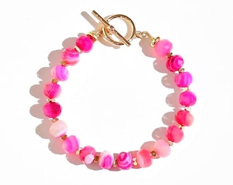 Handcrafted Pink Agate Gemstone Bracelet: 14k Gold Vermeil Clasp