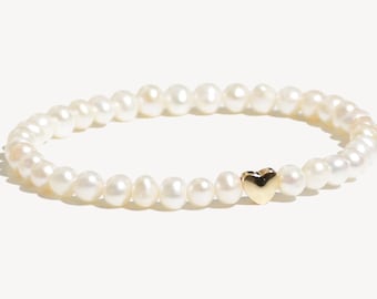 Freshwater Pearl Bracelet: Gold Heart Charm, Dainty Wedding Jewelry